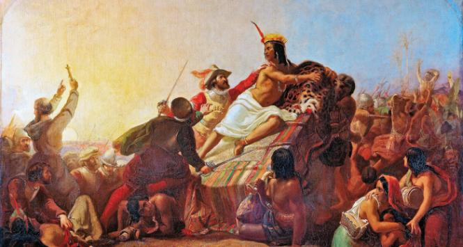 Konkwistador Francisco Pizarro bierze do niewoli Atahualpę, ostatniego władcę imperium Inków, na obrazie Johna Everetta Millaisa z 1846 r.