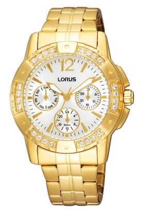 RYR48AX9. Złoty zegarek Lorus z kryształami na kopercie. Bransoleta i koperta ze stali szlachetnej, multidata, wodoszczelność 50 m. Cena 379 zł.