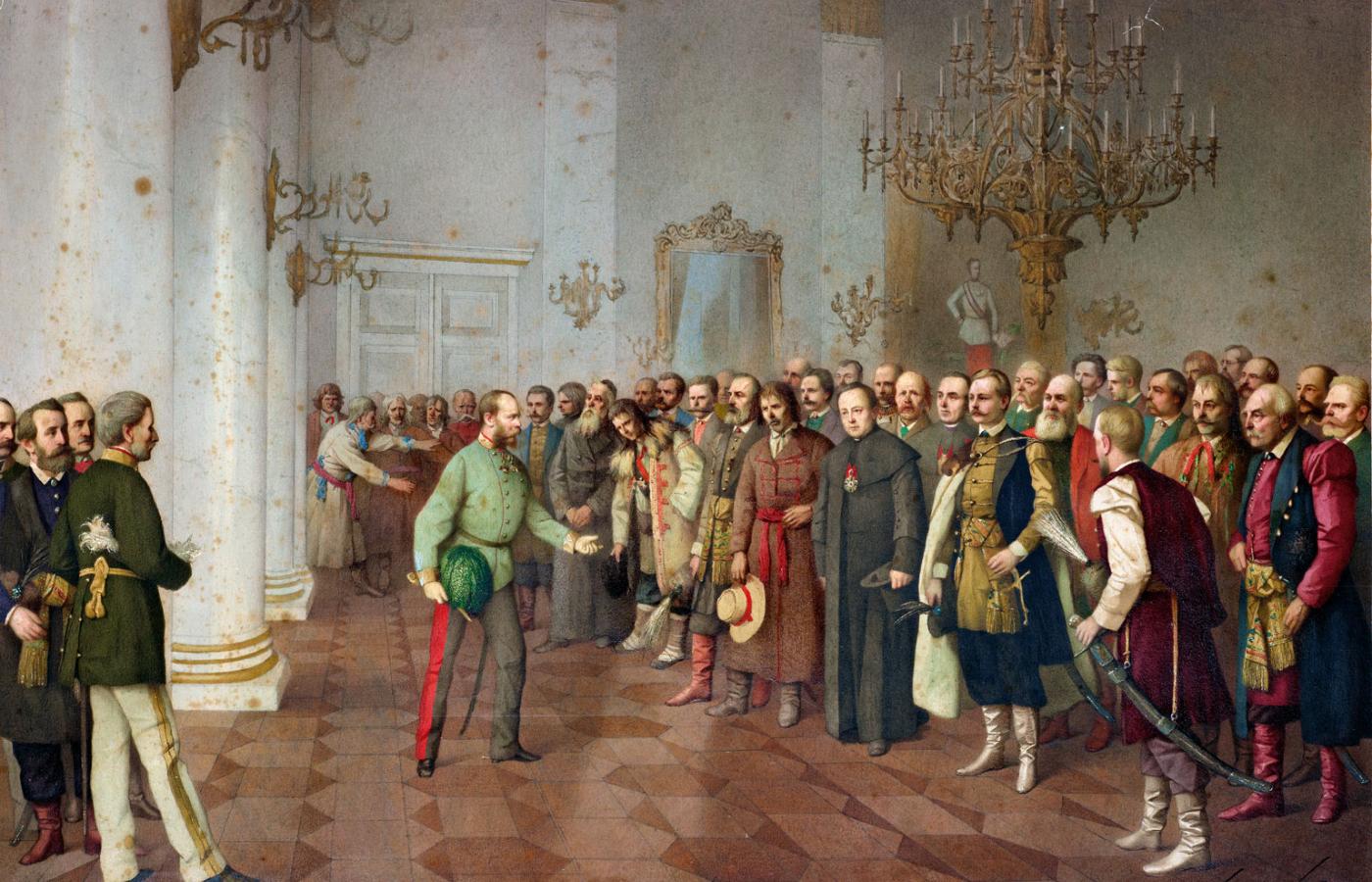 Cesarz Franciszek Józef I przyjmuje we Lwowie, podczas podróży inspekcyjnej po Galicji we wrześniu 1880 r., delegacje polskiego i ukraińskiego społeczeństwa; obraz z 1881 r.