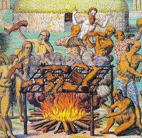 Rdzenni Amerykanie jako kanibale, rysunek Théodore’a de Bry z 1492 r.