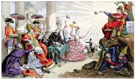 Satyra na papieża Piusa VI, który usiłuje się przeciwstawić sekularyzacji w republikańskiej Francji; rycina z epoki.