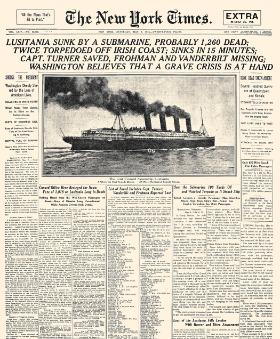 Strona tytułowa dziennika „New York Times” z informacją o zatopieniu liniowca pasażerskiego „Lusitania” 7 maja 1915 r.