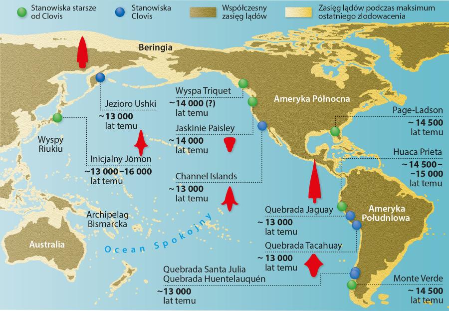 Lokalizacje i datowania znalezisk ­archeologicznych sugerują, że pierwsi ludzie dotarli do Nowego Świata, wędrując z północno-wschodniej Azji wzdłuż wybrzeży Pacyfiku przed co najmniej 15 tys. lat. Czerwone symbole pokazują kształt grotów znajdowanych na poszczególnych stanowiskach (Todd Braje i in., „Science” 2017).