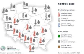 Prognoza średniej miesięcznej temperatury powietrza i miesięcznej sumy opadów atmosferycznych na lipiec 2022 r. dla wybranych miast w Polsce