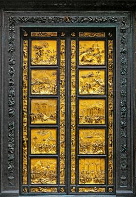 Drzwi z XV w. do florenckiego baptysterium, wykonane przez Lorenzo Ghibertiego, który wygrał konkurs z Filippo Brunelleschim.