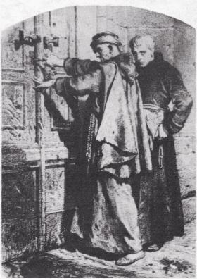 Kościół, protestując przeciw wdarciu się żołnierzy rosyjskich do warszawskich świątyń, postanowił je zamknąć - ilustracja Artura Grottgera.