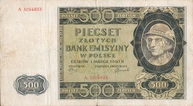 Okupacyjny pieniądz obowiązujący w Generalnym Gubernatorstwie (banknot 500-złotowy nazywano góralem)