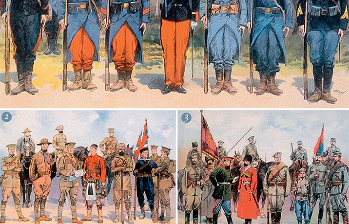 Umundurowanie żołnierzy: 1. francuskich (w trakcie wojny zrezygnowano z czerwonych spodni), 2. angielskich, 3. rosyjskich, 4. austro-węgierskich i tureckich, 5. niemieckich.