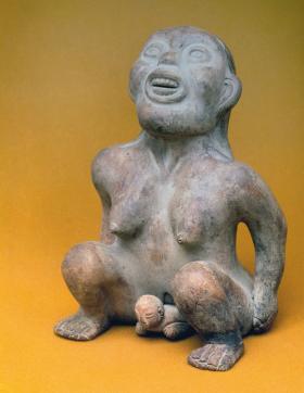 Bogini Tlazolteotl. Realistyczne przedstawienia narodzin znane są z kultur Ameryki prekolumbijskiej.