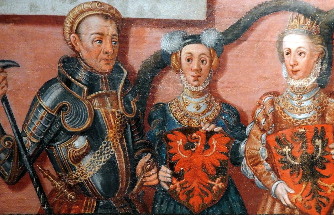 Anna Jagiellonka (z prawej) z mężem księciem pomorskim Bogusławem X (w środku jego pierwsza żona Małgorzata z Brandenburgii); fragment drzewa genealogicznego autorstwa Corneliusa Krommeny’a, XVI w.