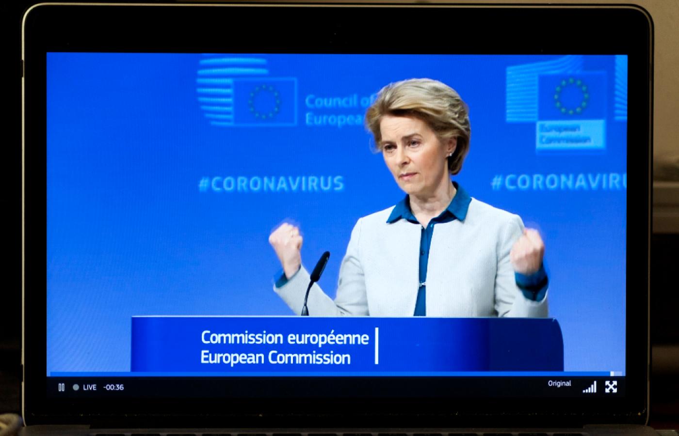 Szefowa Komisji Europejskiej Ursula von der Leyen w czasie konferencji poświęconej pandemii koronawirusa. 15 kwietnia 2020 r.