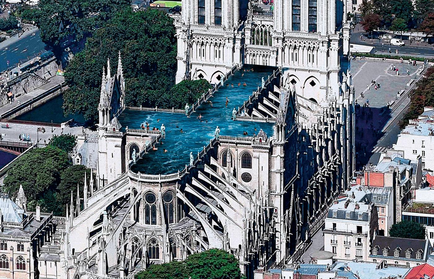 Pracownia UMA ze Sztokholmu chciałaby na dachu katedry umieścić gigantyczny basen w kształcie krzyża.