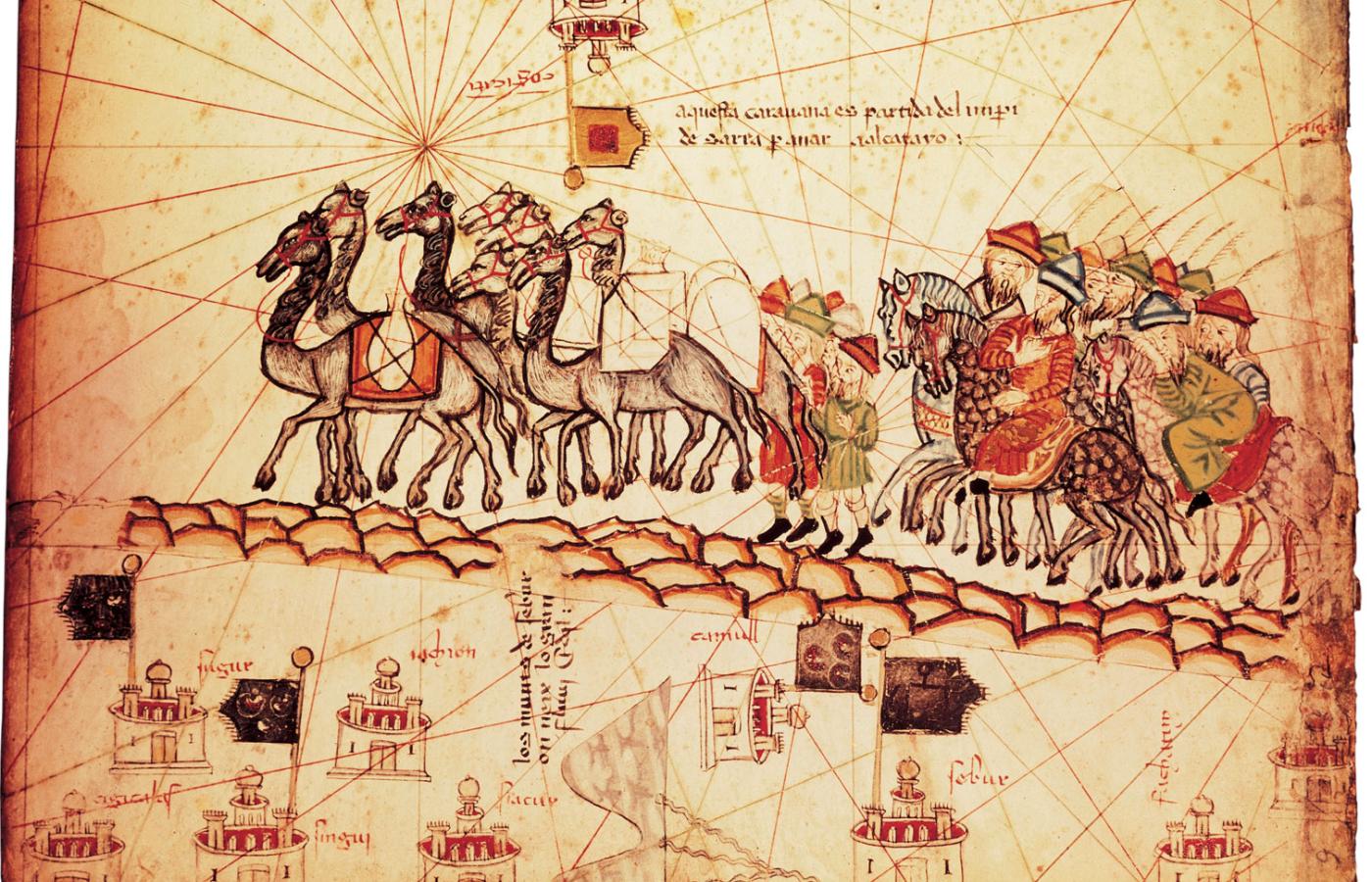 Kontakt Zachodu z Chinami możliwy był szlakiem lądowym, zwanym jedwabnym, który przemierzały karawany kupców (Atlas Kataloński, XIV w.).
