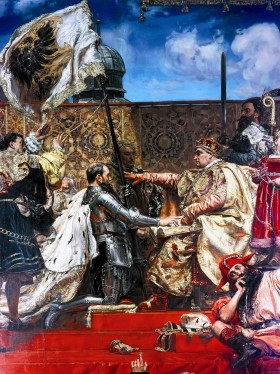 Pokonany przez Zygmunta Starego Hohenzollern złożył mu hołd w 1525 r. Fragment obrazu Jana Matejki.