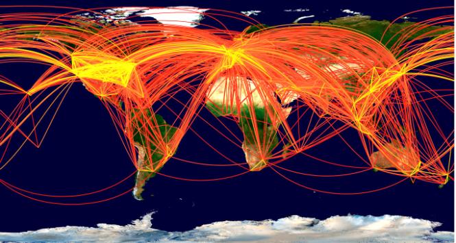 Ten schemat połączeń lotniczych (im jaśniejszy kolor, tym więcej pasażerów) wykorzystano w komputerowej symulacji rozszerzania się SARS.