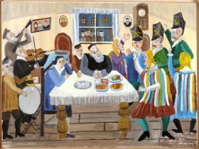 Majer Kirszenblat, Przedstawienie purimowe Krakowskie wesele, ok. 1994 r., akryl na płótnie. Zbiory Muzeum POLIN, Kolekcja Sztuki Mayera July im. Rodziny Taube, dar rodziny Kirshenblatt