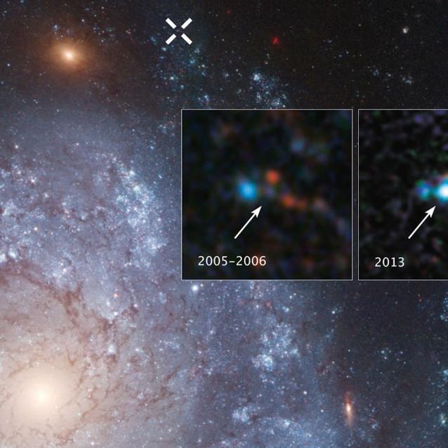 Zdjęcia przed eksplozją i po eksplozji supernowej 2012Z w galaktyce spiralnej NGC 1309. Biały X na górze głównego zdjęcia oznacza lokalizację supernowej w galaktyce.