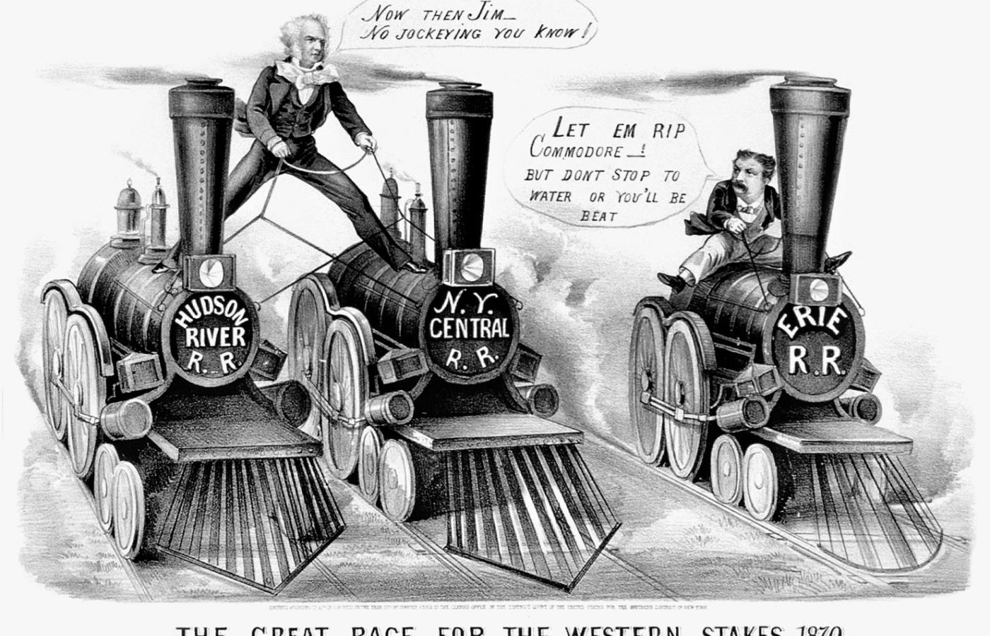 Wyścig amerykańskich baronów kolejowych Corneliusa Vanderbilta (po lewej) i Jamesa Fiska na litografii z 1870 r.