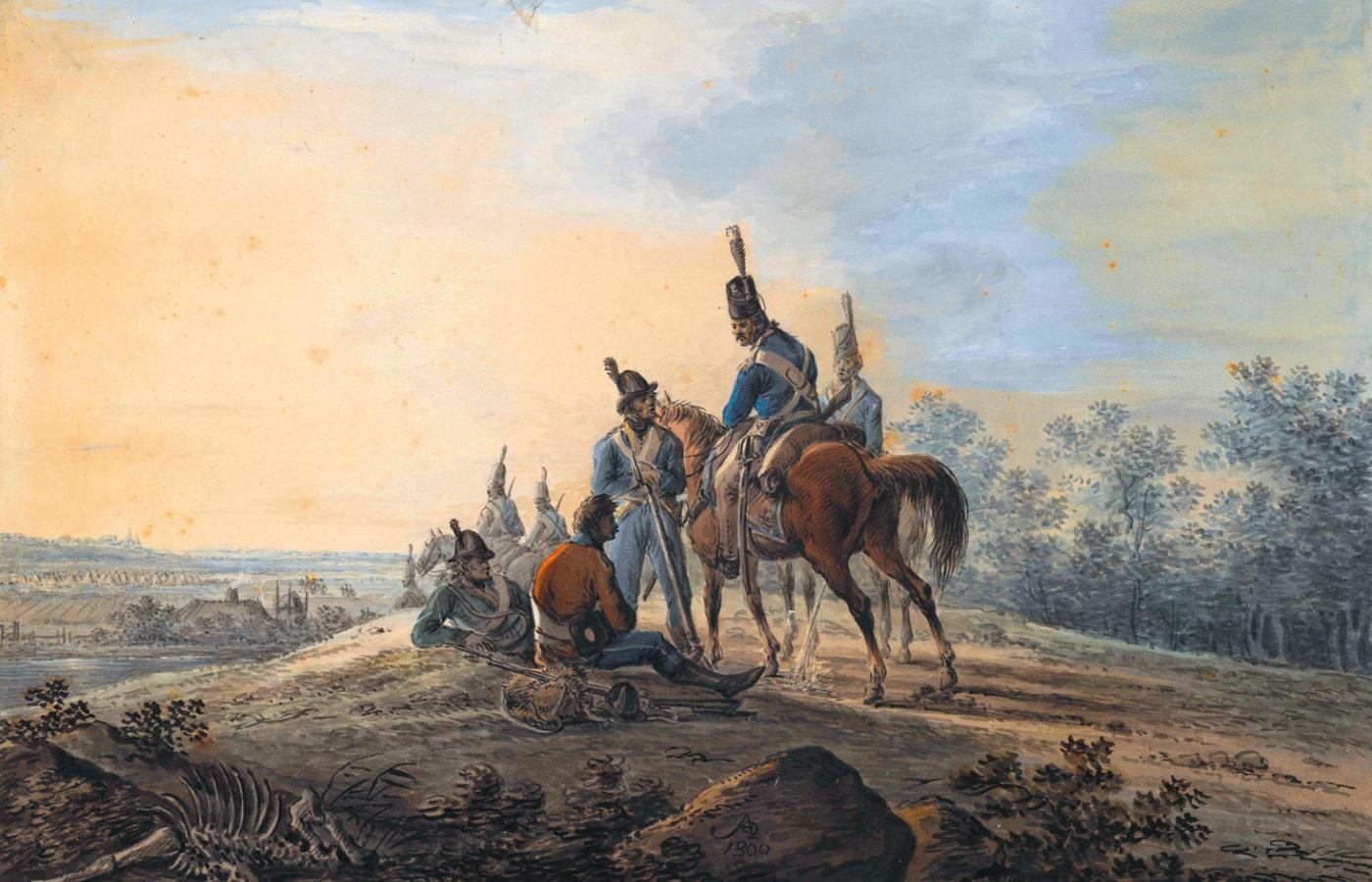 Biwak żołnierzy kościuszkowskich; akwarela Aleksandra Orłowskiego z 1800 r.