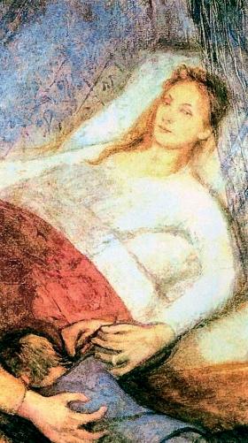 „Śmierć matki”, 1894 r. Z lewej widać rękę... anioła śmierci, którego z czasem Wyspiański wyciął z płótna.