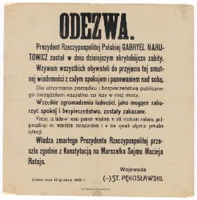 16 grudnia 1922. Urzędowa odezwa do mieszkańców Kielc w związku z zabójstwem prezydenta Gabriela Narutowicza.