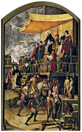 Św. Dominik przewodniczy trybunałowi inkwizycyjnemu; centralna część tryptyku zamówionego przez inkwizytora generalnego Tomása Torquemadę dla kościoła San Tomás w Ávila, 1475 r.