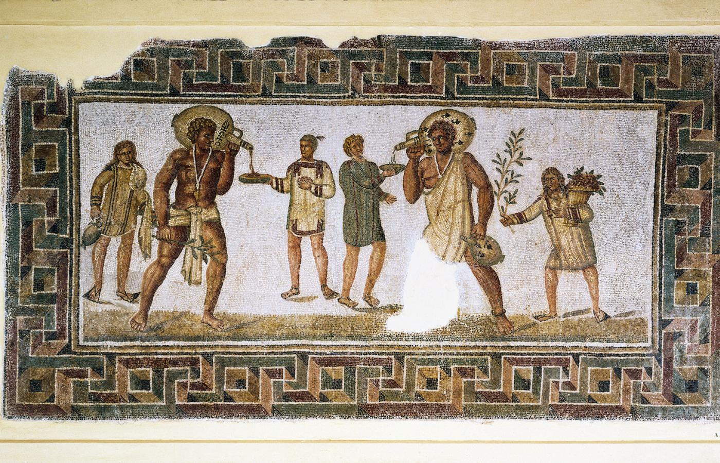 Niewolnicy nalewający wino; mozaika z miejscowości Thugga w rzymskiej prowincji afrykańskiej (dziś Tunezja).