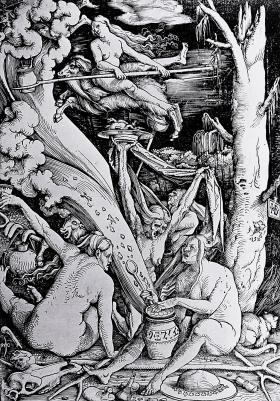 Rycina z początku XVI w. ukazująca typowe zajęcia czarownic: dosiadanie egzotycznych zwierząt, czytanie wspak, przyrządzanie tajemniczych mikstur i trucizn.